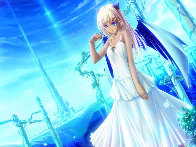 Blonde Anime Girl — Blue, Serene, Wings