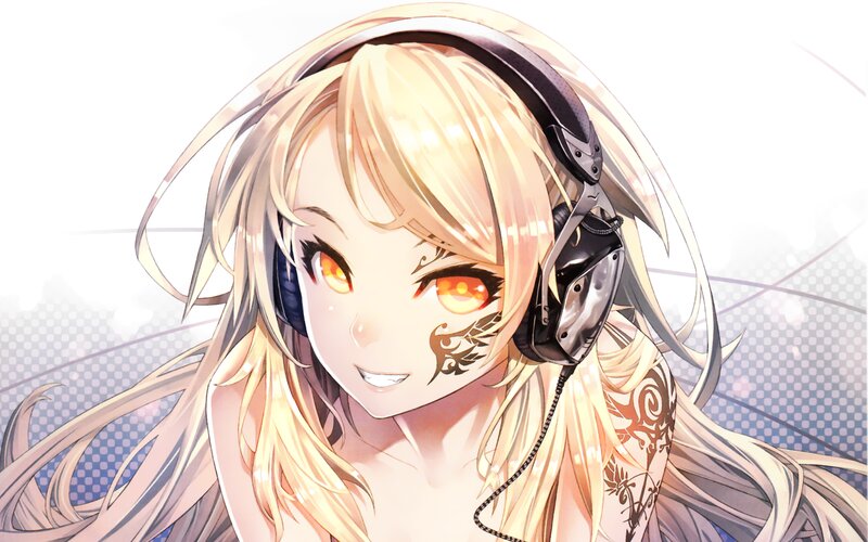 Blonde Anime Girl — Bright, Headphones, Tattoos