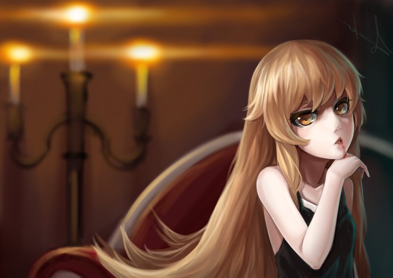 Blonde Anime Girl — Brown, Dramatic, Night, Digital Art