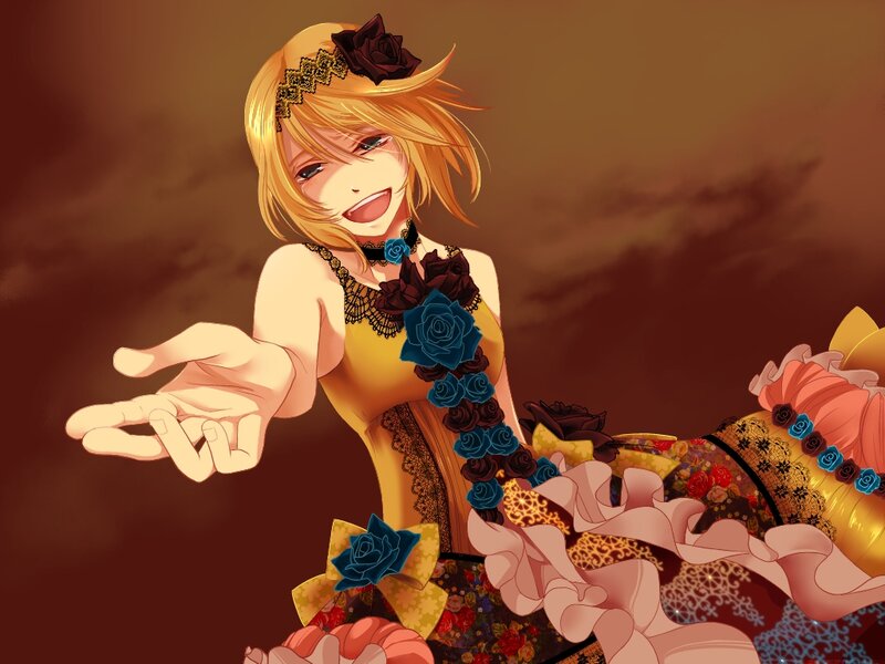 Blonde Anime Girl — Brown, Dramatic, Sunset, Flowers