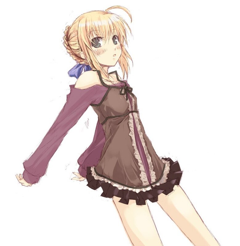 Blonde Anime Girl — Brown, Playful, Dress, Long Sleeves, Blue Ribbon