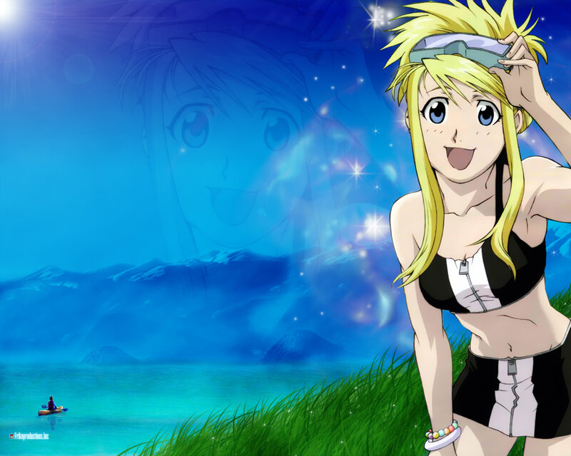 blonde anime girl by lake
