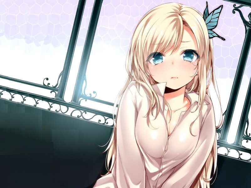 blonde anime girl by window