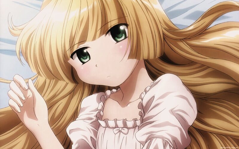 Blonde Anime Girl — Calm, Green Eyes, White Dress