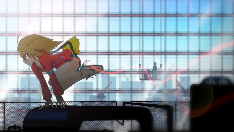 Blonde Anime Girl Crouching — Blue