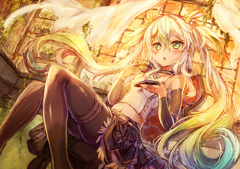 Blonde Anime Girl Drinking Tea — Yellow