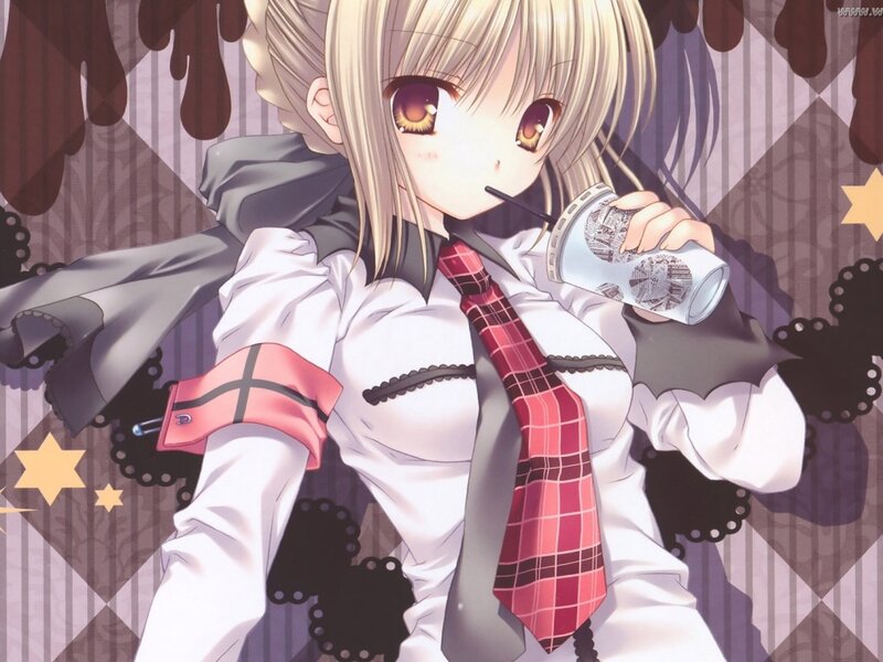 Blonde Anime Girl Drinking — White, Calm, Coffee Cup, Plaid Tie