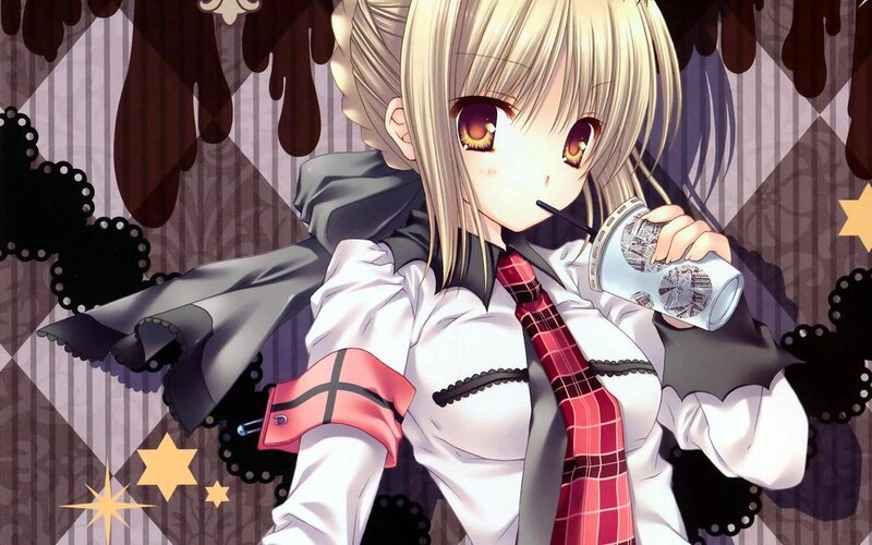 Blonde Anime Girl Drinking — White, Calm, Coffee Cup