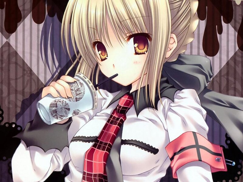 Blonde Anime Girl Drinking — White, Calm, Drink, Straw