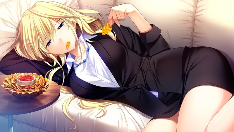 blonde anime girl eating chips