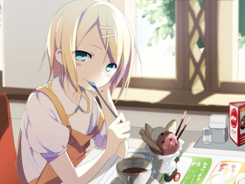 Blonde Anime Girl Eating Dessert — White