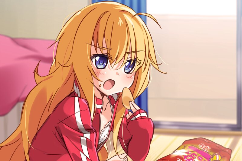 Blonde Anime Girl Eating — Orange, Calm