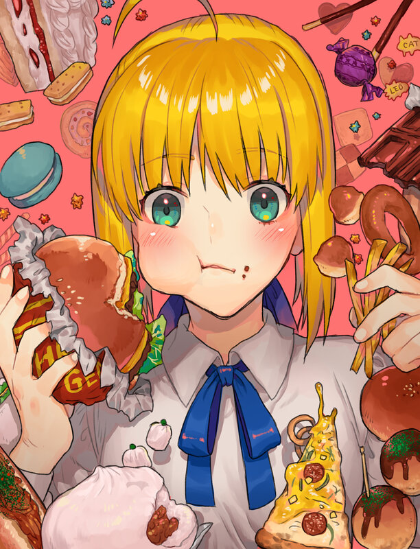 Blonde Anime Girl Eating — Yellow, Playful, Hamburger
