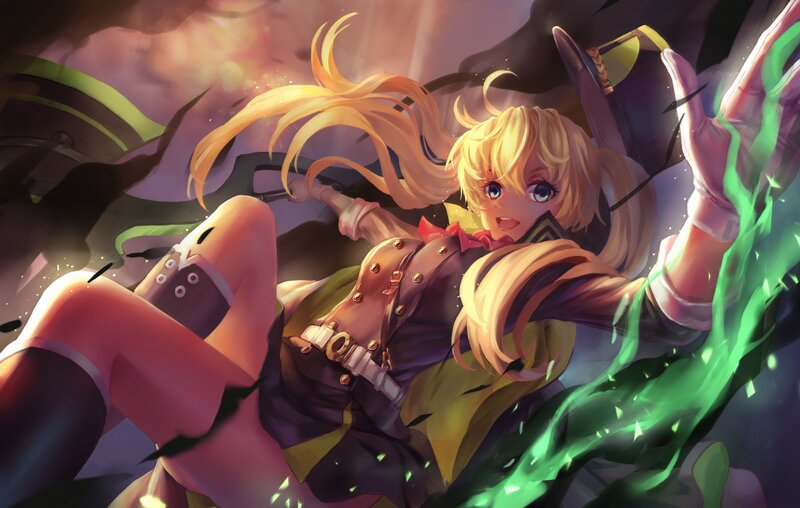 Blonde Anime Girl — Green, Dramatic, Digital Art