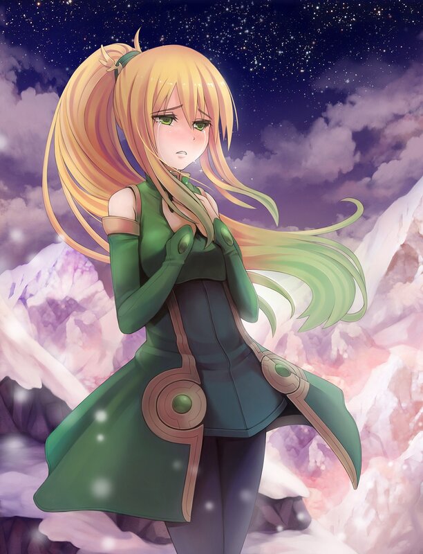 Blonde Anime Girl — Green, Dramatic, Night, Stars