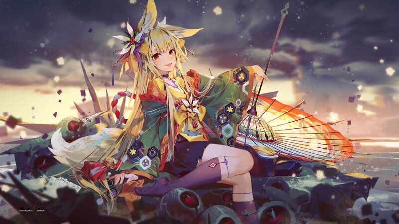 Blonde Anime Girl — Green, Dramatic, Sunset, Digital Art