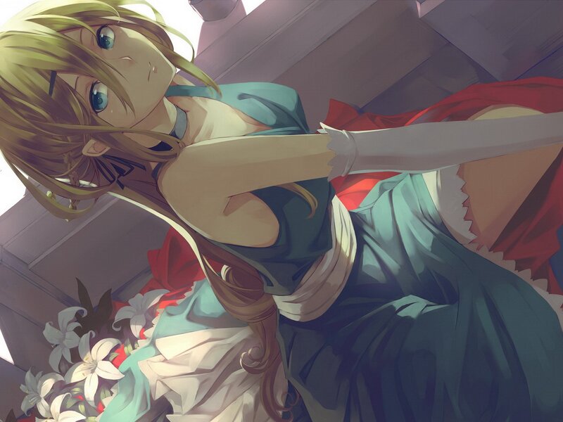 Blonde Anime Girl — Green, Dramatic, Sword, Flowers