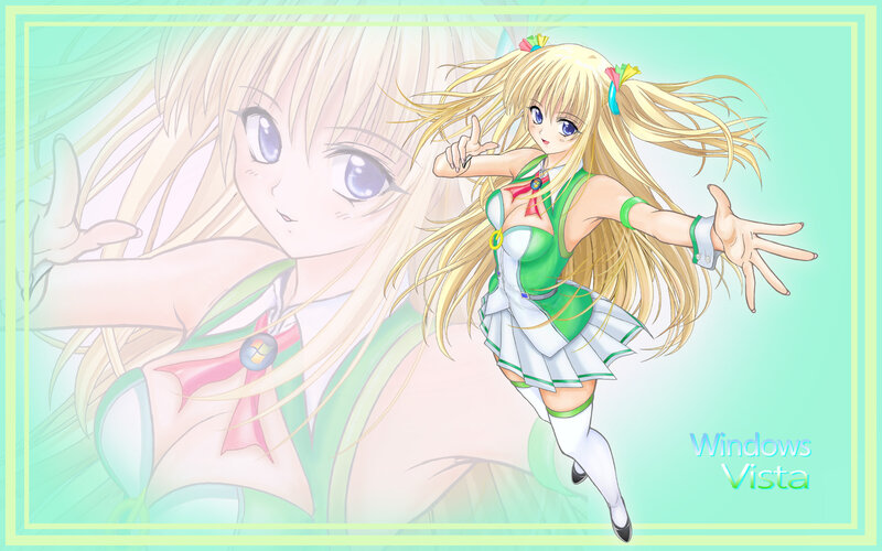 Blonde Anime Girl — Green, Playful, Digital Art
