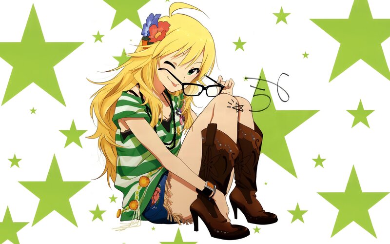 Blonde Anime Girl — Green, Playful, Glasses, Boots