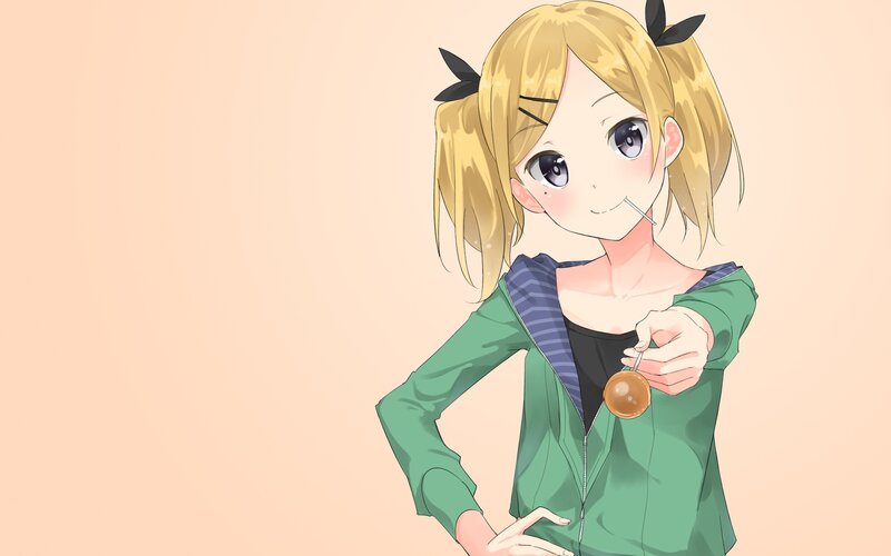 Blonde Anime Girl — Green, Playful, Lollipop