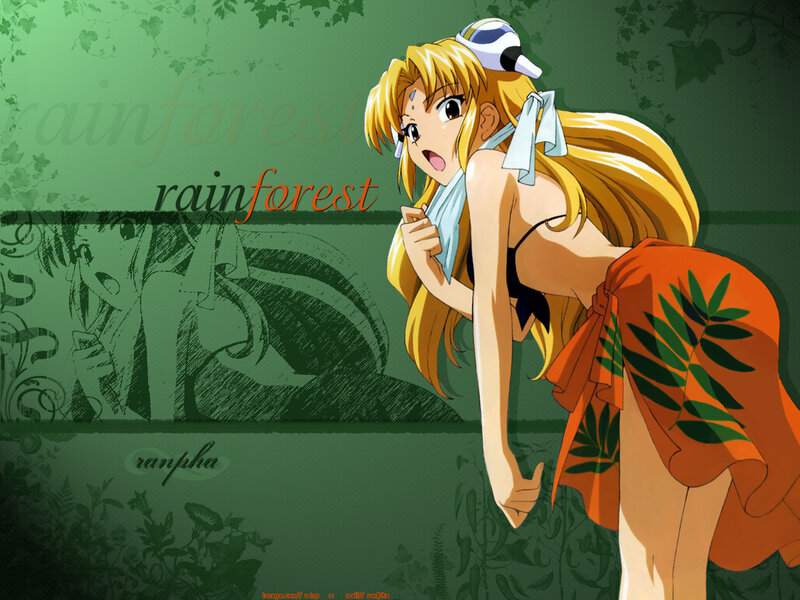 Blonde Anime Girl — Green, Playful, Tropical Leaf Pattern