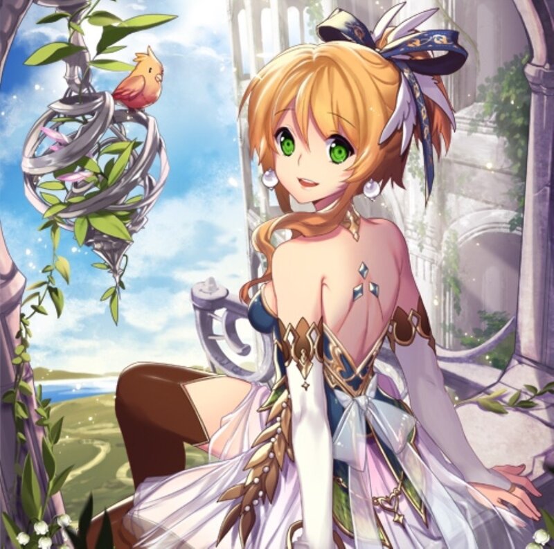 Blonde Anime Girl — Green, Serene, Afternoon, Bird