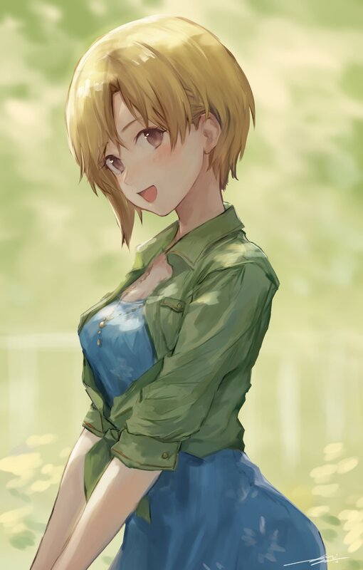Blonde Anime Girl — Green, Serene, Afternoon, Digital Art