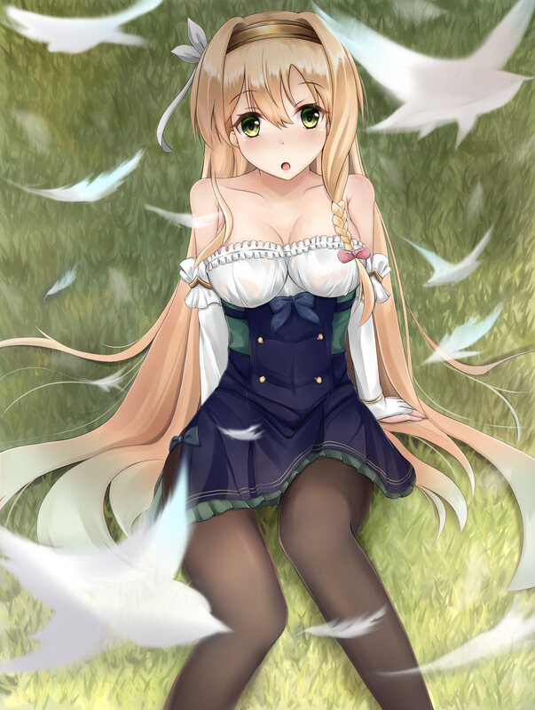 Blonde Anime Girl — Green, Serene, Afternoon, Feathers