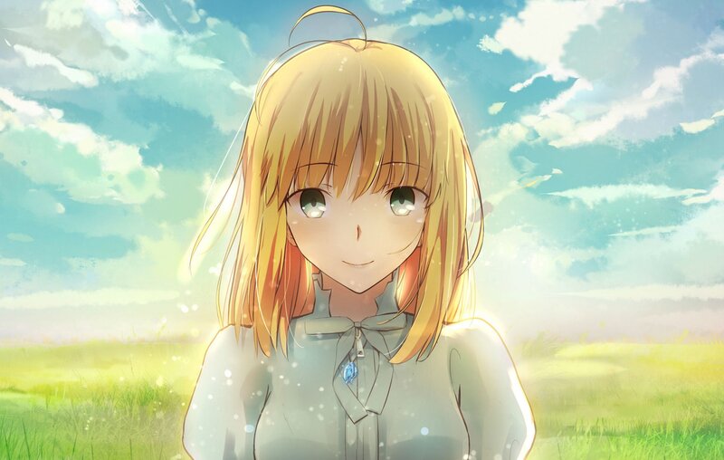 Blonde Anime Girl — Green, Serene, Afternoon, Field