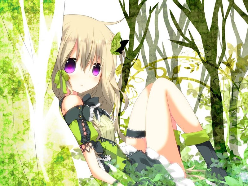 Blonde Anime Girl — Green, Serene, Afternoon, Forest, Butterfly