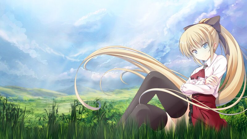 Blonde Anime Girl — Green, Serene, Afternoon, Grass Field