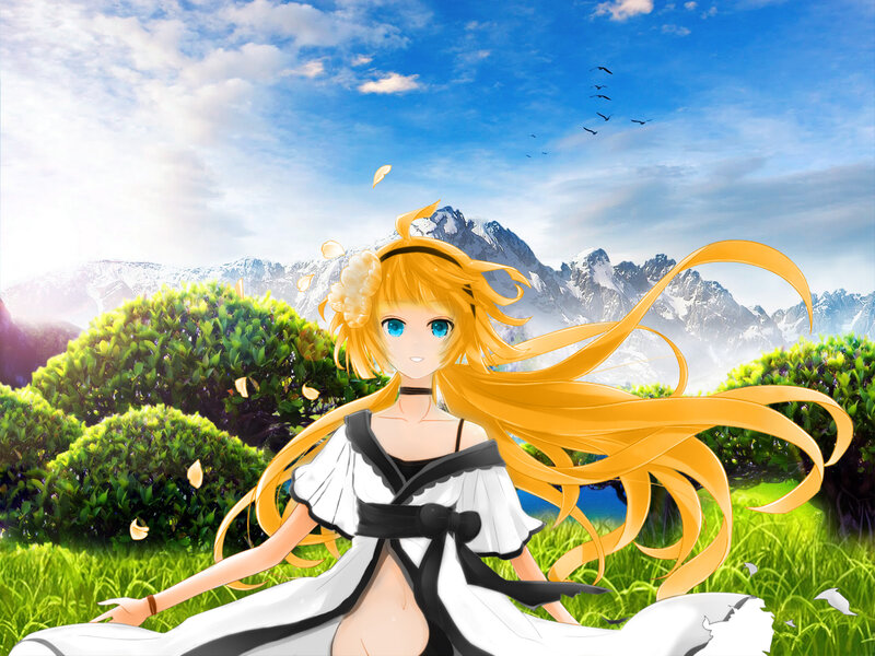Blonde Anime Girl — Green, Serene, Afternoon, Mountains