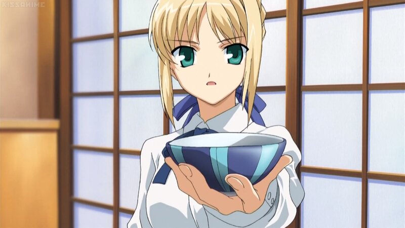 Blonde Anime Girl Holding Bowl