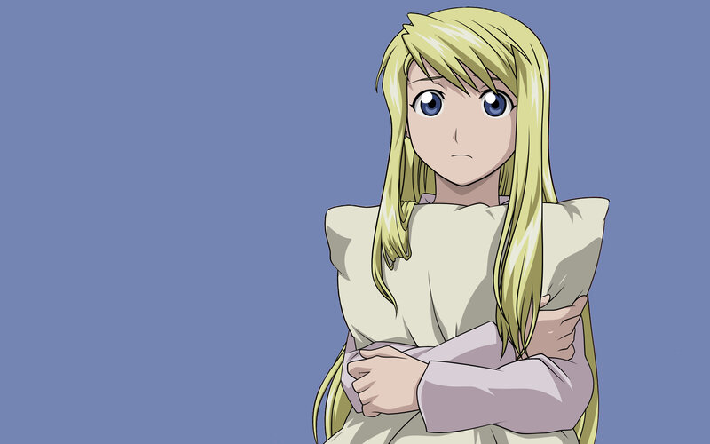blonde anime girl hugging pillow