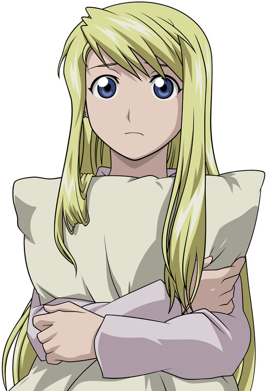 blonde anime girl hugging pillow