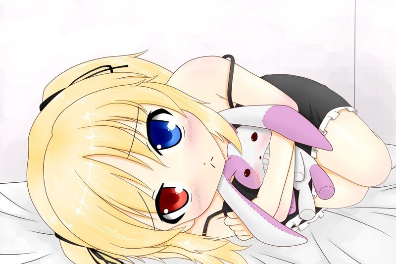 blonde anime girl hugging plush