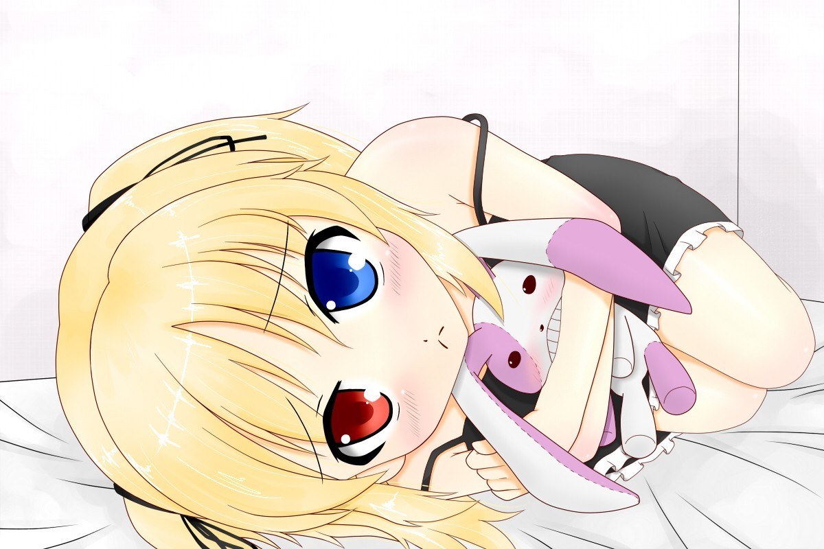 blonde anime girl hugging plush