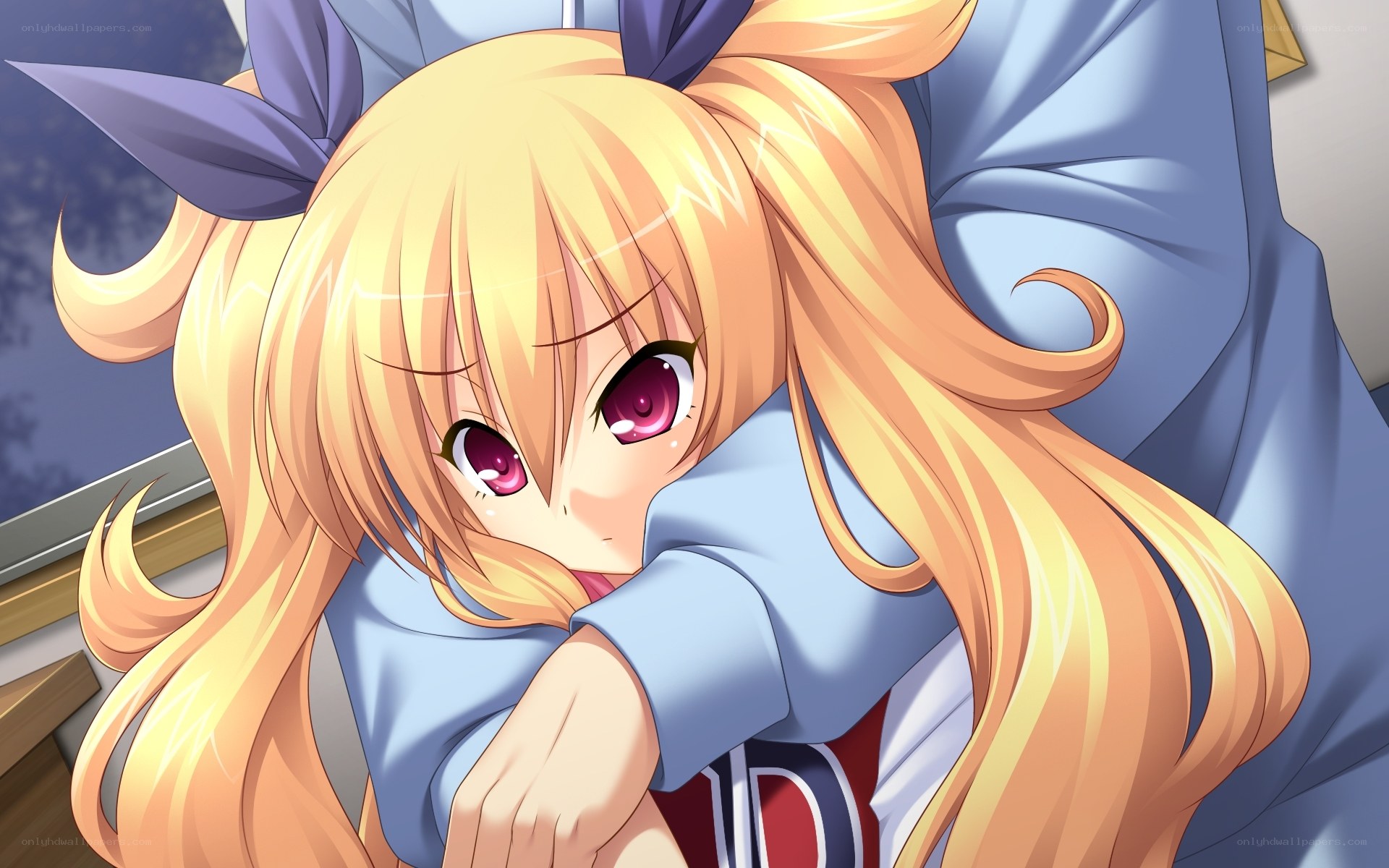 blonde anime girl hugging