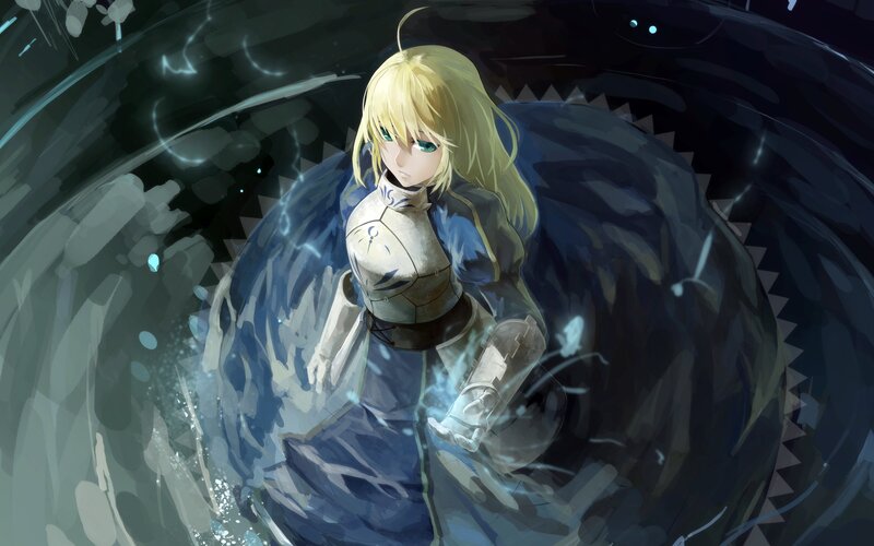 Blonde Anime Girl in Armor — Blue, Dramatic, Sword