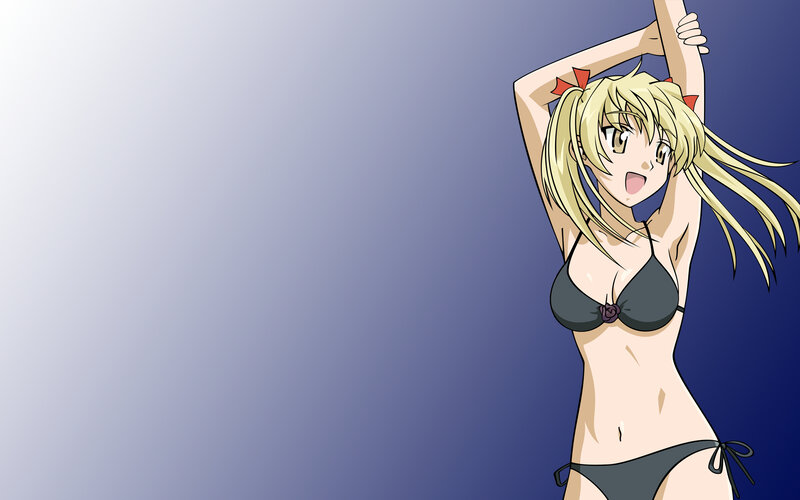 Blonde Anime Girl in Bikini — Blue, Playful, Red Bows