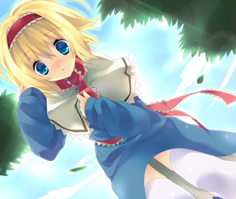 blonde anime girl in blue dress