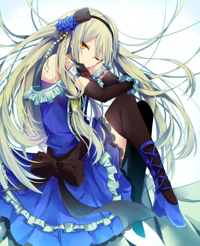 blonde anime girl in blue dress