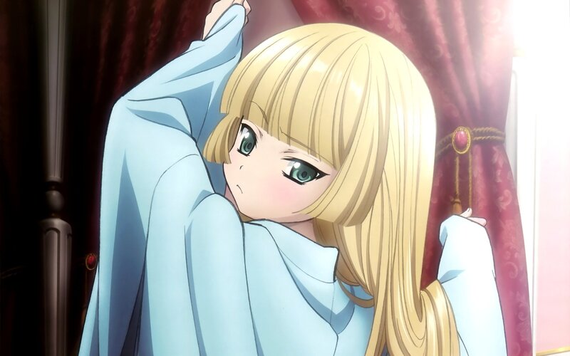 blonde anime girl in blue robe