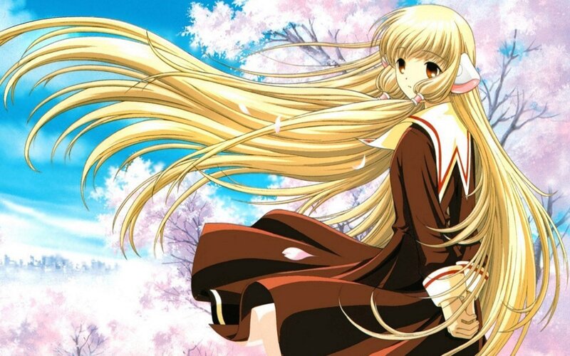 blonde anime girl in cherry blossom