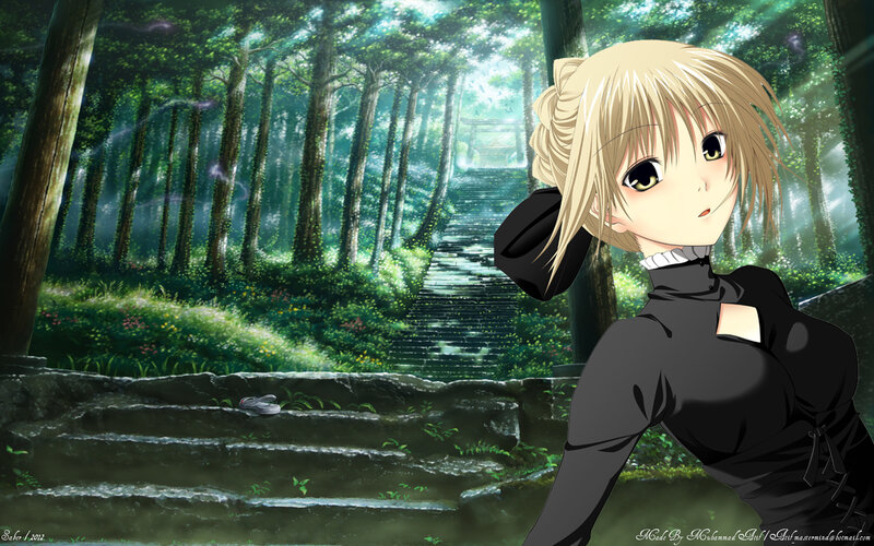 Blonde Anime Girl in Forest — Green, Serene, Morning