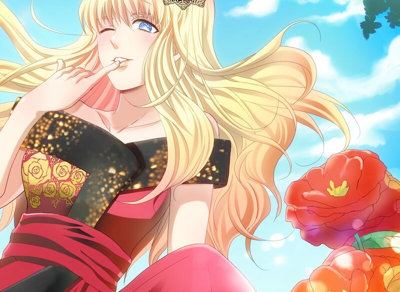 Blonde anime girl in garden