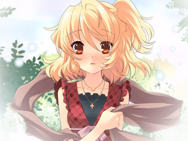 blonde anime girl in garden