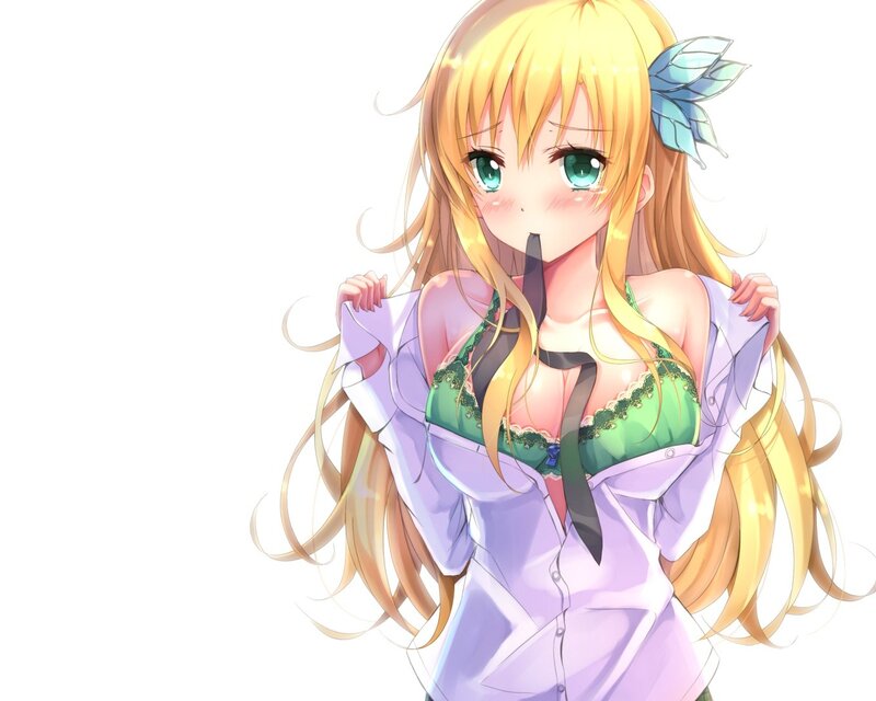 blonde anime girl in green bra