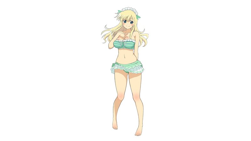 blonde anime girl in green swimsuit