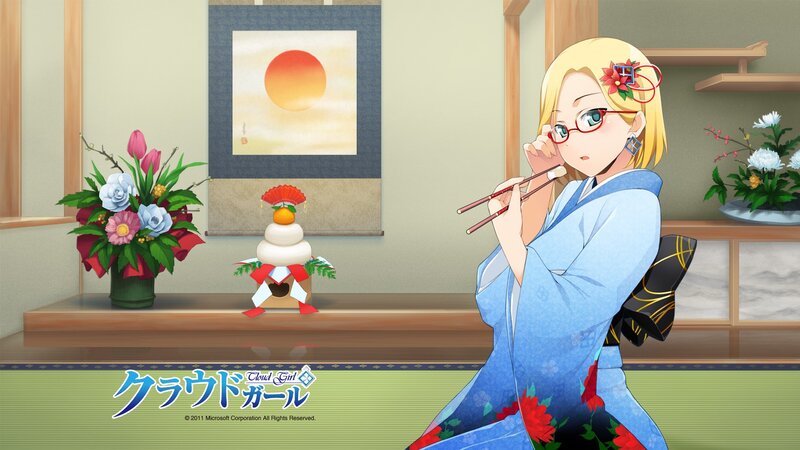 Blonde Anime Girl in Kimono — Blue, Serene
